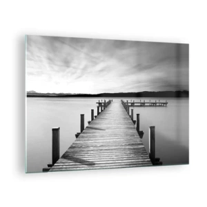 Tablou pe sticlă - Un debarcader din lemn duce în depărtare peste un lac liniștit - 70x50cm - La adăpostul apei - pace - Decorațiune modernă pentru perete pentru living și dormitor ARTTOR