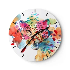 Ceas de perete - Ceas pe sticlă - Un portret colorat al unei pantere într-o formă abstractă de acuarelă. - 30x30cm - Frumoasa și bestia - Decorațiune modernă pentru perete pentru living, bucătărie și dormitor ARTTOR