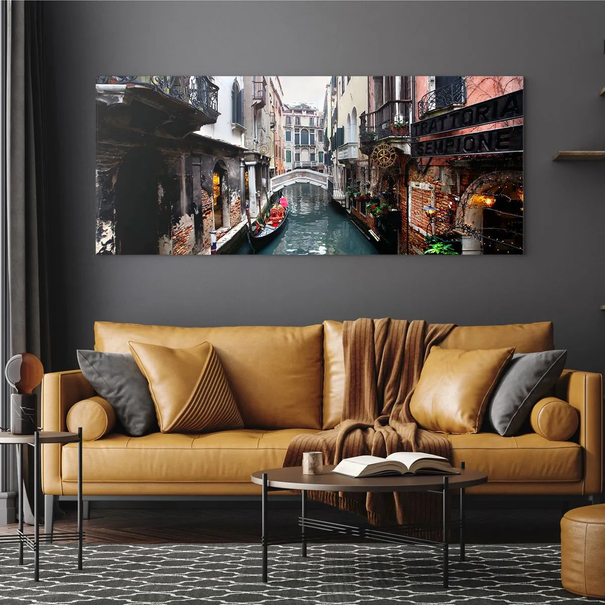 Tablou pe sticlă - Peisaj venețian cu gondolă și pod - 90x30 cm