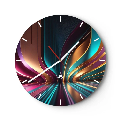 Ceas de perete - Ceas pe sticlă - Linii luminoase futuriste în auriu, turcoaz și violet - 30x30cm - Arhitectură de lumină - Decorațiune modernă pentru perete pentru living, bucătărie și dormitor ARTTOR