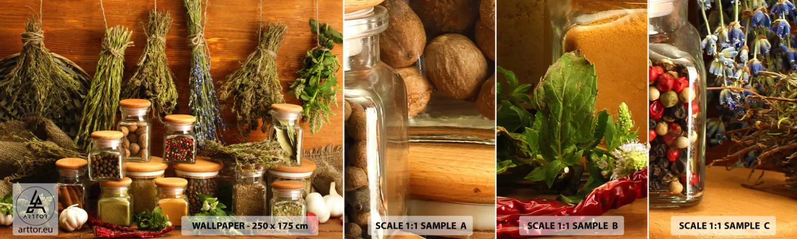 Mostră tapet autocolant Deluxe Sticker - Vrăjitorie de bucătărie - Gastronomie, Ierburi uscate, Condimente - 100x30 cm
