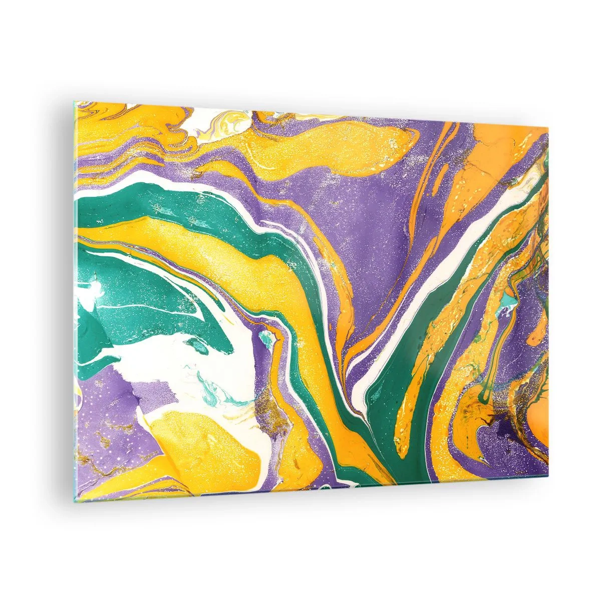 Tablou pe sticlă - Model abstract de undă în galben, violet și verde - 70x50cm - Valuri de culoare - Decorațiune modernă pentru perete pentru living și dormitor ARTTOR