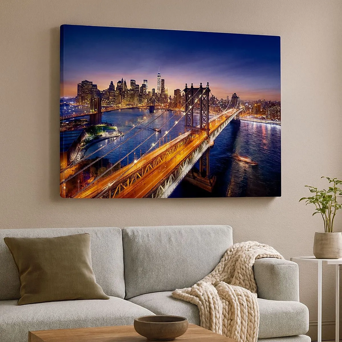 Tablou pe pânză Canvas - Podul și panorama orașului la apus - 70x50cm - Pe un pod luminos către inima orașului - Decorațiune modernă pentru perete pentru living și dormitor ARTTOR