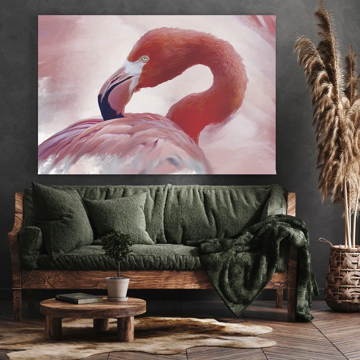 Tablou pe pânză Canvas - Un flamingo în tonuri de roz pe un fundal deschis - 70x50cm - Frumusețea păsărilor - Decorațiune modernă pentru perete pentru living și dormitor ARTTOR
