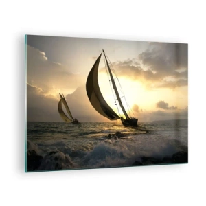 Tablou pe sticlă - Bărci cu pânze pe o mare furtunoasă la apus - 70x50cm - Vânt în jos și în sus - Decorațiune modernă pentru perete pentru living și dormitor ARTTOR