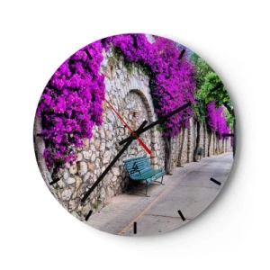 Ceas de perete - Ceas pe sticlă - O stradă cu un zid de piatră și flori mov - 30x30cm - Să ne întâlnim cât mai curând posibil - Decorațiune modernă pentru perete pentru living, bucătărie și dormitor ARTTOR