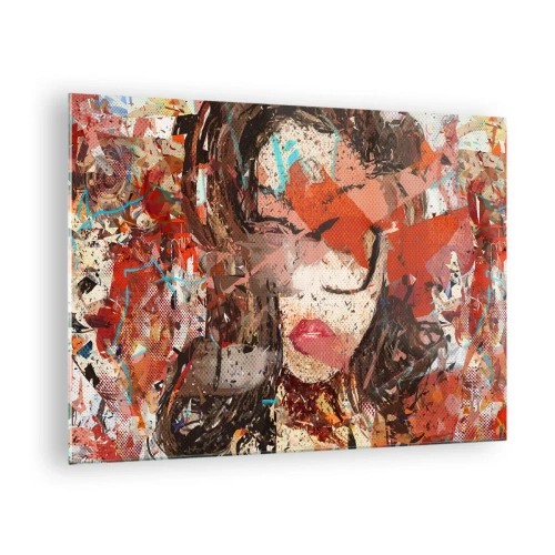 Tablou pe sticlă - Portret abstract al unei femei în nuanțe de roșu și bej - 70x50cm - Chiar nu știe nimeni cum ești tu - Decorațiune modernă pentru perete pentru living și dormitor ARTTOR