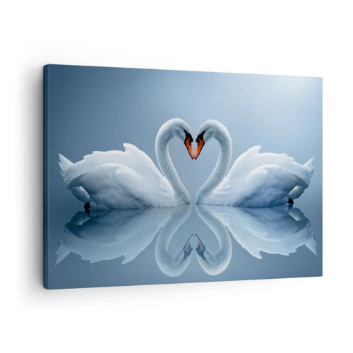 Tablou pe pânză Canvas - Două lebede formând o inimă pe o suprafață calmă a apei - 70x50cm - Timp pentru dragoste - Decorațiune modernă pentru perete pentru living și dormitor ARTTOR