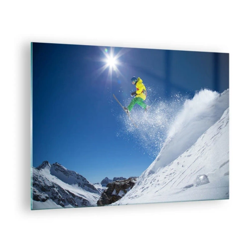 Tablou pe sticlă - Un schior în acțiune pe fundalul munților acoperiți de zăpadă - 70x50cm - Dansând cu munții - Decorațiune modernă pentru perete pentru living și dormitor ARTTOR