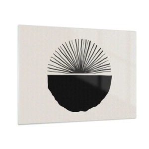 Tablou pe sticlă - O formă geometrică neagră cu un evantai de linii pe un fundal crem. - 70x50cm - Gama de posibilități - Decorațiune modernă pentru perete pentru living și dormitor ARTTOR
