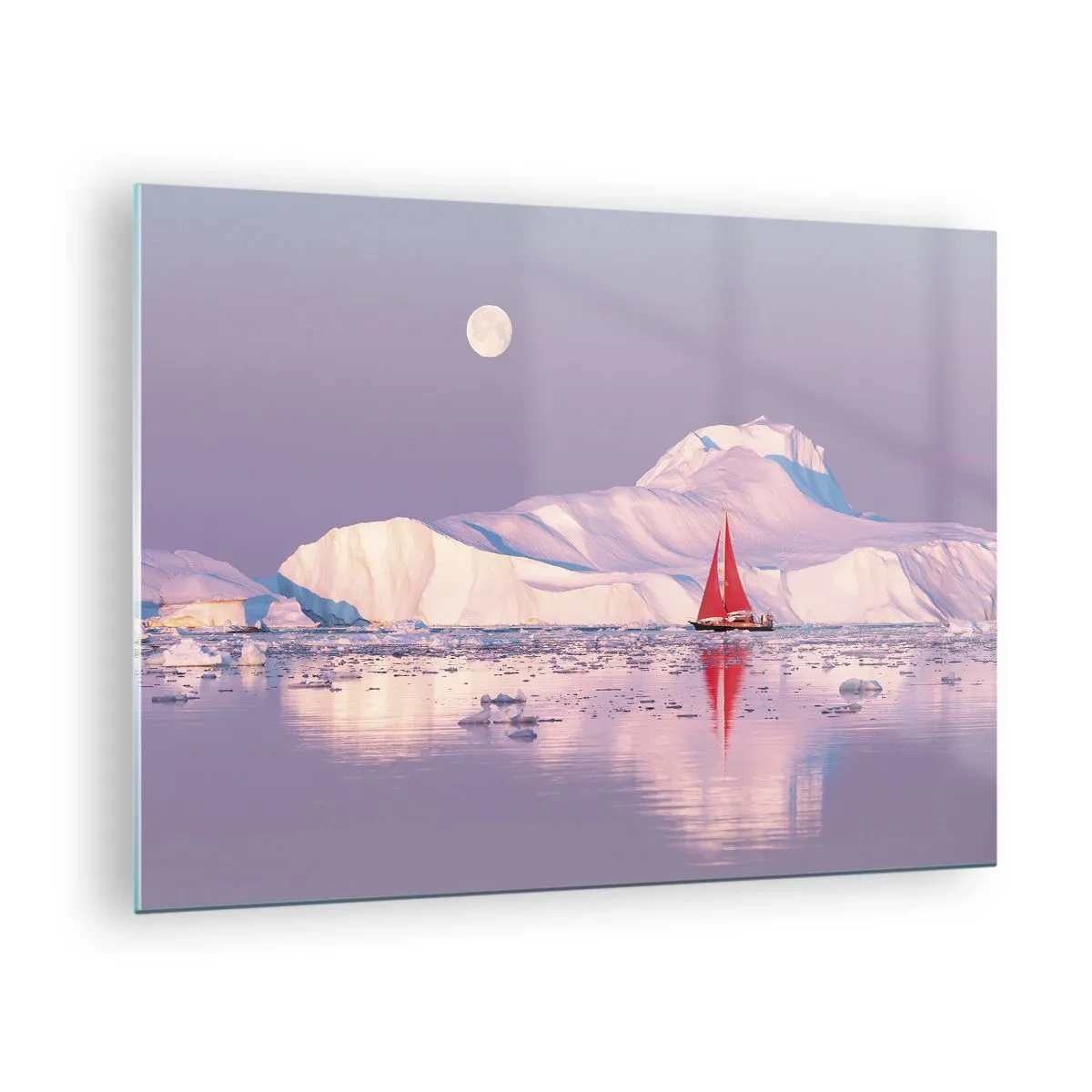 Tablou pe sticlă - O barcă cu pânze pe fundalul ghețarilor în lumina lunii - 70x50cm - Căldura pânzei, frigul gheții - Decorațiune modernă pentru perete pentru living și dormitor ARTTOR