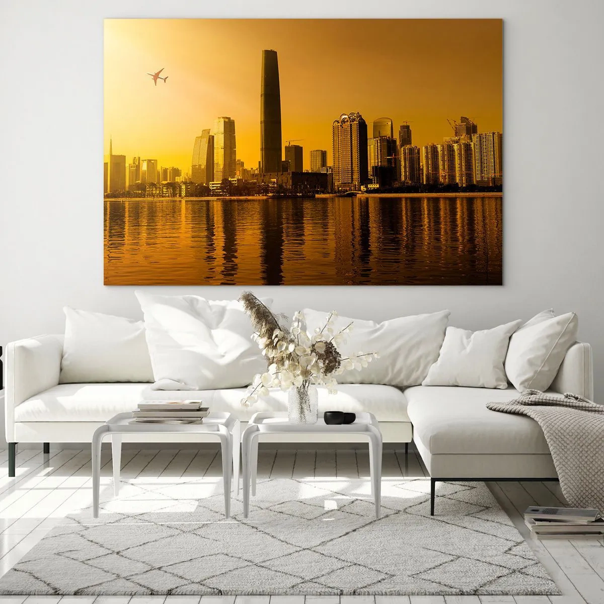 Tablou pe sticlă - Un oraș modern cu zgârie-nori la apus - 70x50cm - Orașul de aur - Decorațiune modernă pentru perete pentru living și dormitor ARTTOR