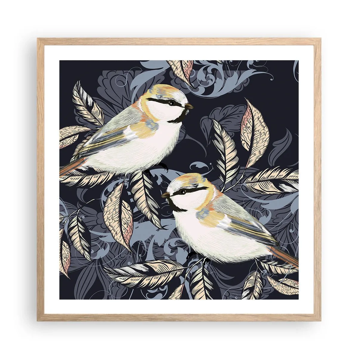 Poster în ramă de stejar deschis - Ciripirile galben-albastru - 60x60 cm