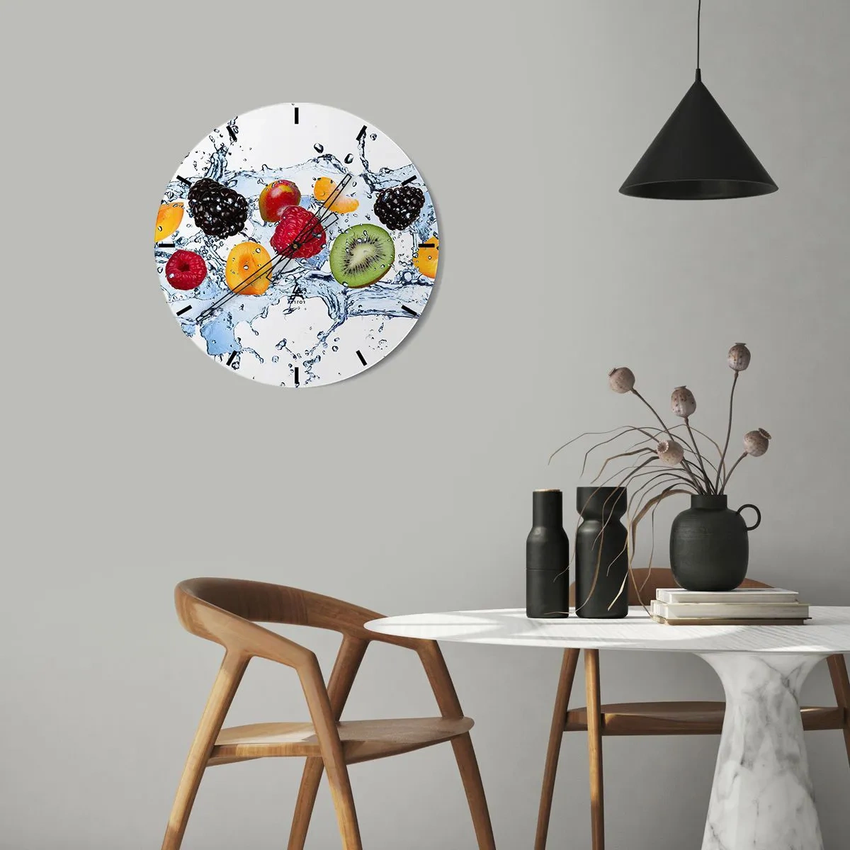 Ceas de perete - Ceas pe sticlă - Fructe suculente scufundate în picături de apă - 30x30cm - Joacă-te cu noi - Decorațiune modernă pentru perete pentru living, bucătărie și dormitor ARTTOR