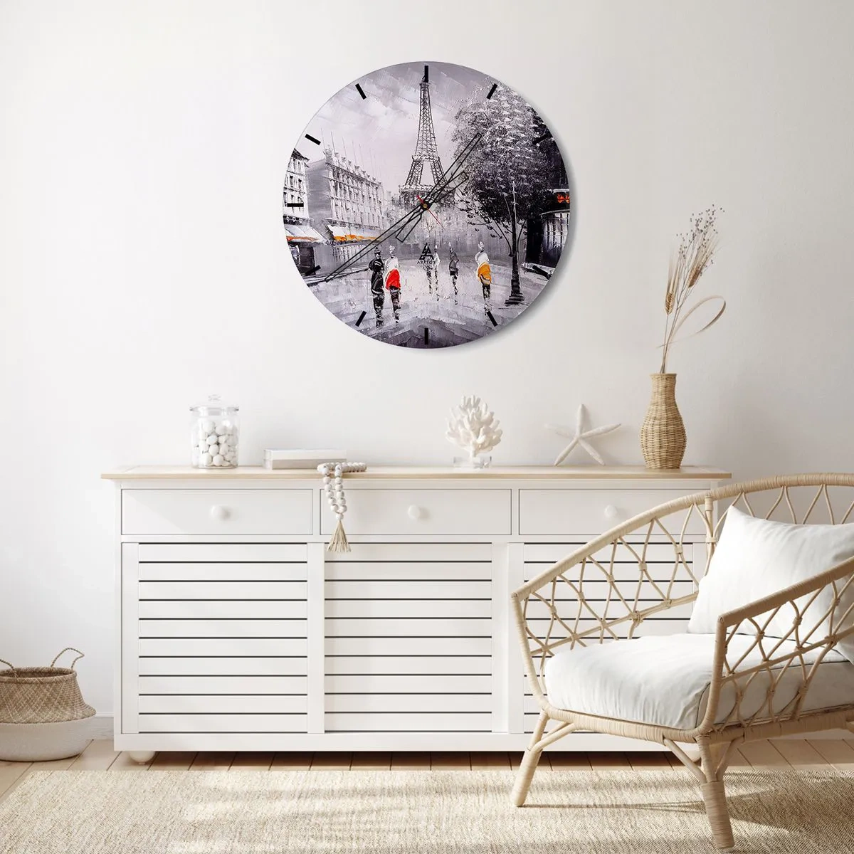 Ceas de perete - Ceas pe sticlă - O stradă din Paris cu Turnul Eiffel în fundal - 30x30cm - O plimbare pariziană - Decorațiune modernă pentru perete pentru living, bucătărie și dormitor ARTTOR