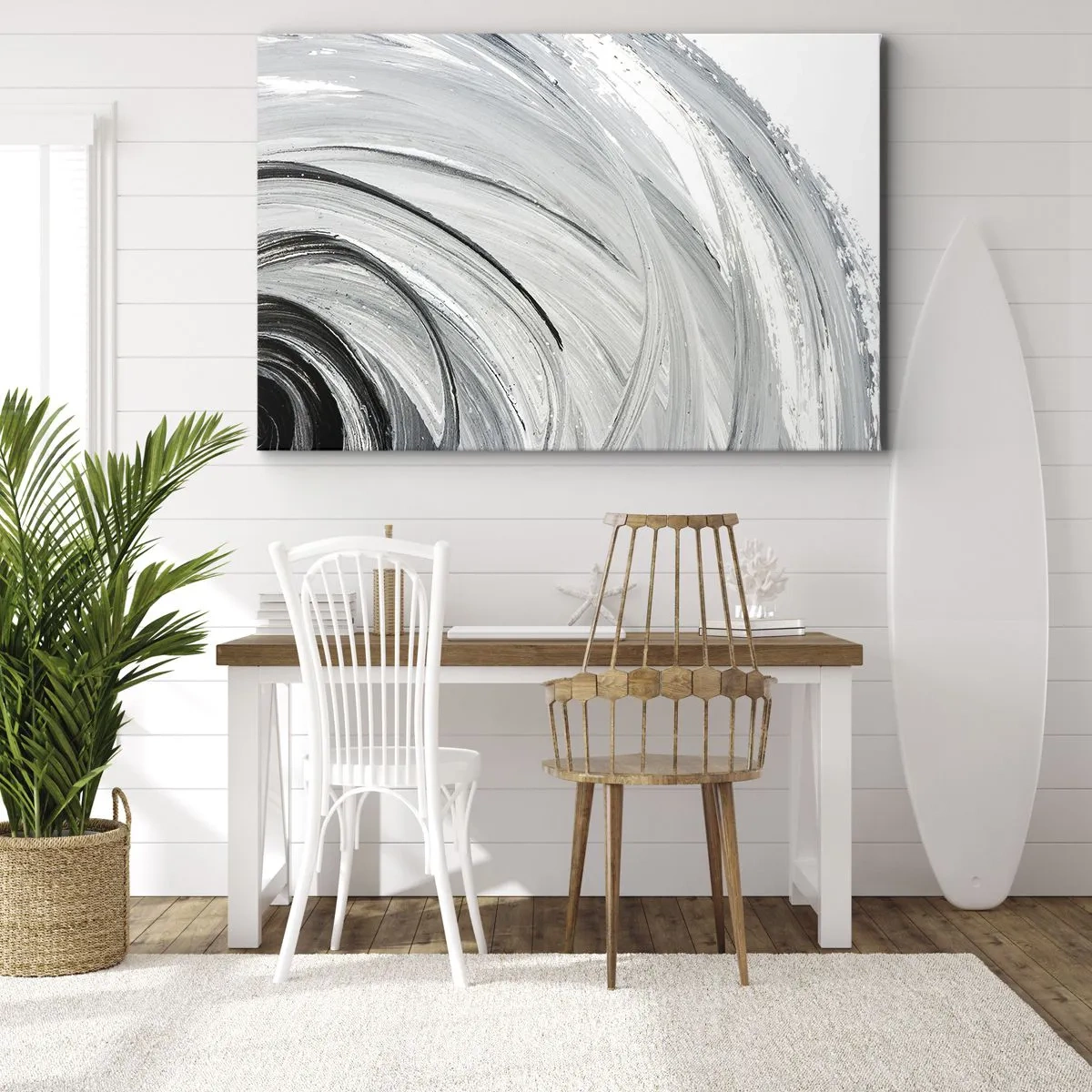 Tablou pe pânză Canvas - Un vârtej monocromatic în nuanțe de gri și negru - 70x50cm - Compoziție orbitală - Decorațiune modernă pentru perete pentru living și dormitor ARTTOR