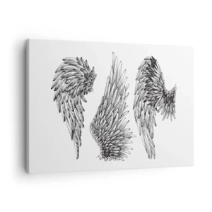 Tablou pe pânză Canvas - Trei schițe alb-negru de aripi într-un stil minimalist. - 70x50cm - Și tu poți fi un înger - Decorațiune modernă pentru perete pentru living și dormitor ARTTOR