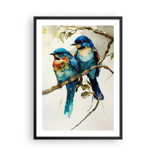 Poster în ramă neagră - Păsări în acuarelă pe o ramură în nuanțe de albastru și maro - 50x70cm - Se simte jignit? - Decorațiune modernă pentru perete pentru living și dormitor ARTTOR