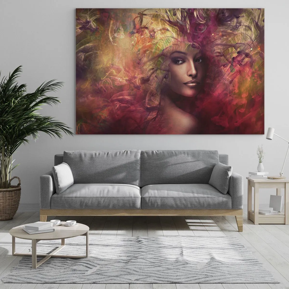 Tablou pe sticlă - Portretul unei femei înconjurate de culori luminoase, abstracte - 70x50cm - Iată-mă! - Decorațiune modernă pentru perete pentru living și dormitor ARTTOR