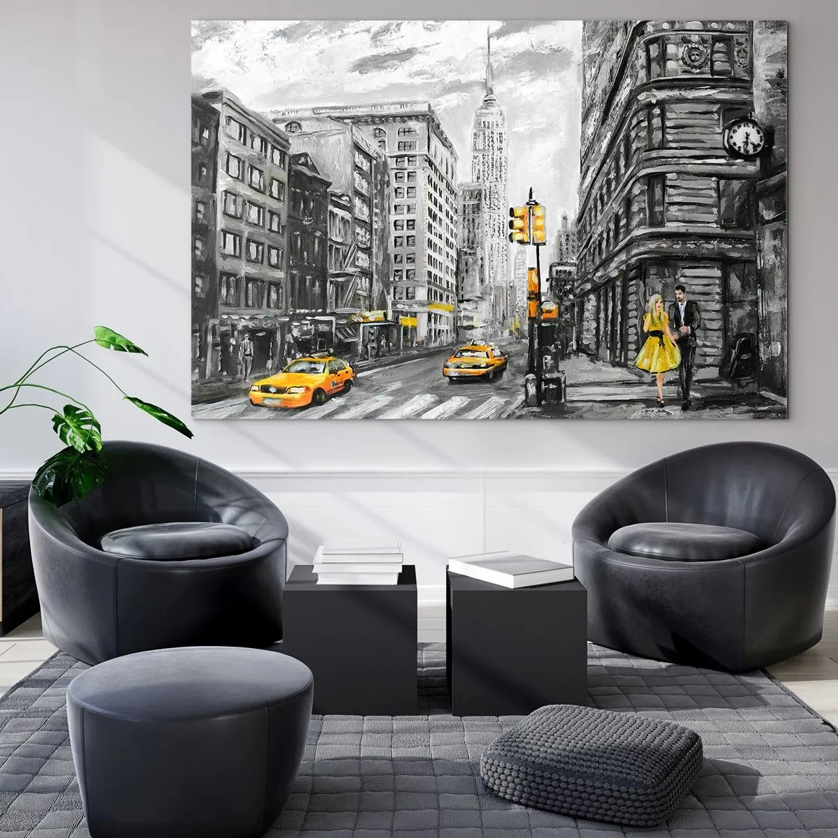 Tablou pe sticlă - O ilustrație a orașului New York în nuanțe de alb-negru cu accente galbene. - 70x50cm - O poveste din New York - Decorațiune modernă pentru perete pentru living și dormitor ARTTOR