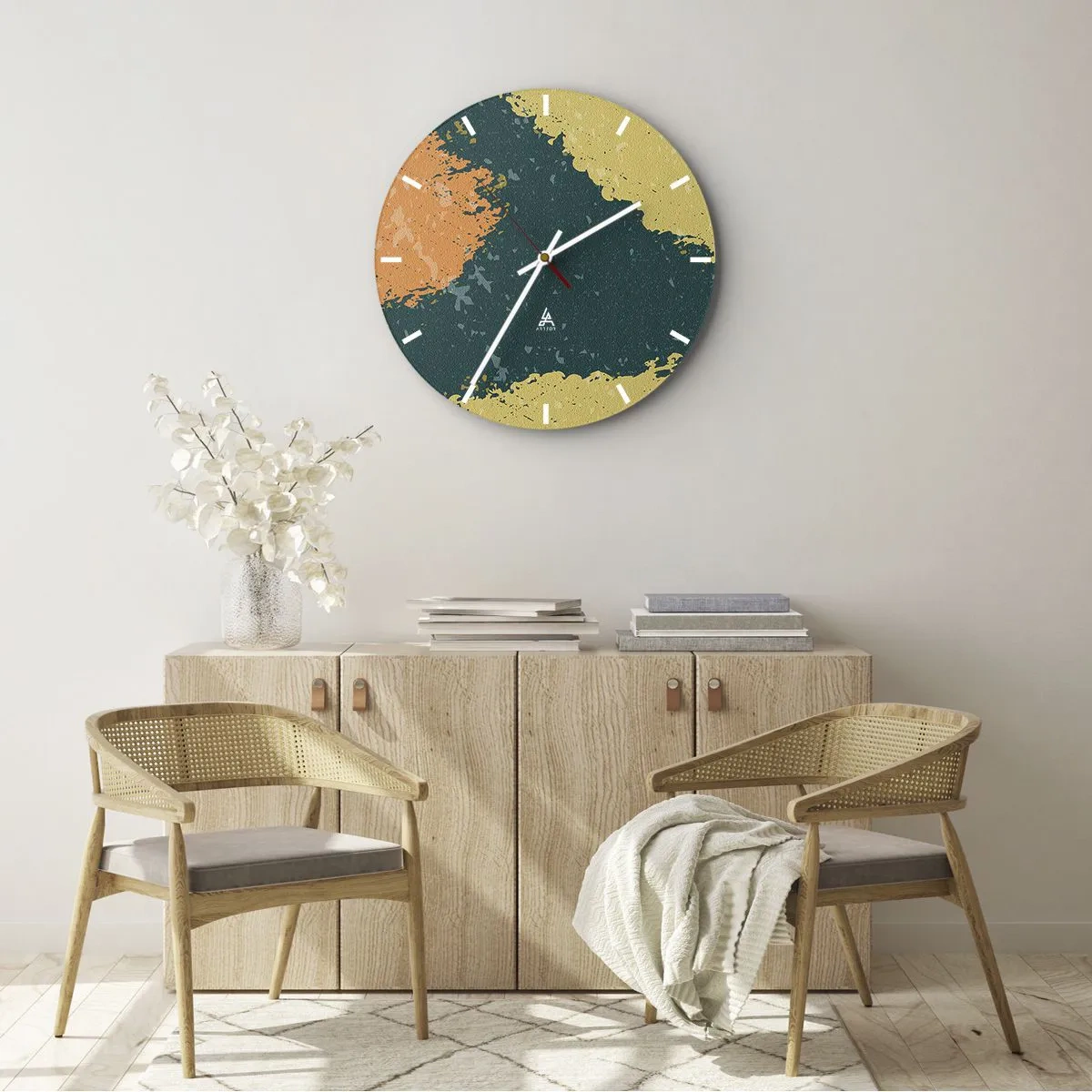 Ceas de perete - Ceas pe sticlă - Pete artistice în nuanțe de verde, bej și portocaliu - 30x30cm - Abstracție - în slow motion - Decorațiune modernă pentru perete pentru living, bucătărie și dormitor ARTTOR