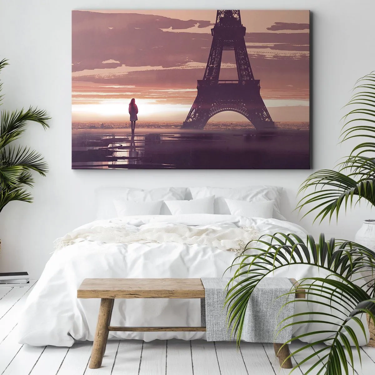 Tablou pe pânză Canvas - O figură privind Turnul Eiffel în lumina soarelui care apune - 70x50cm - Doar ele două - Decorațiune modernă pentru perete pentru living și dormitor ARTTOR