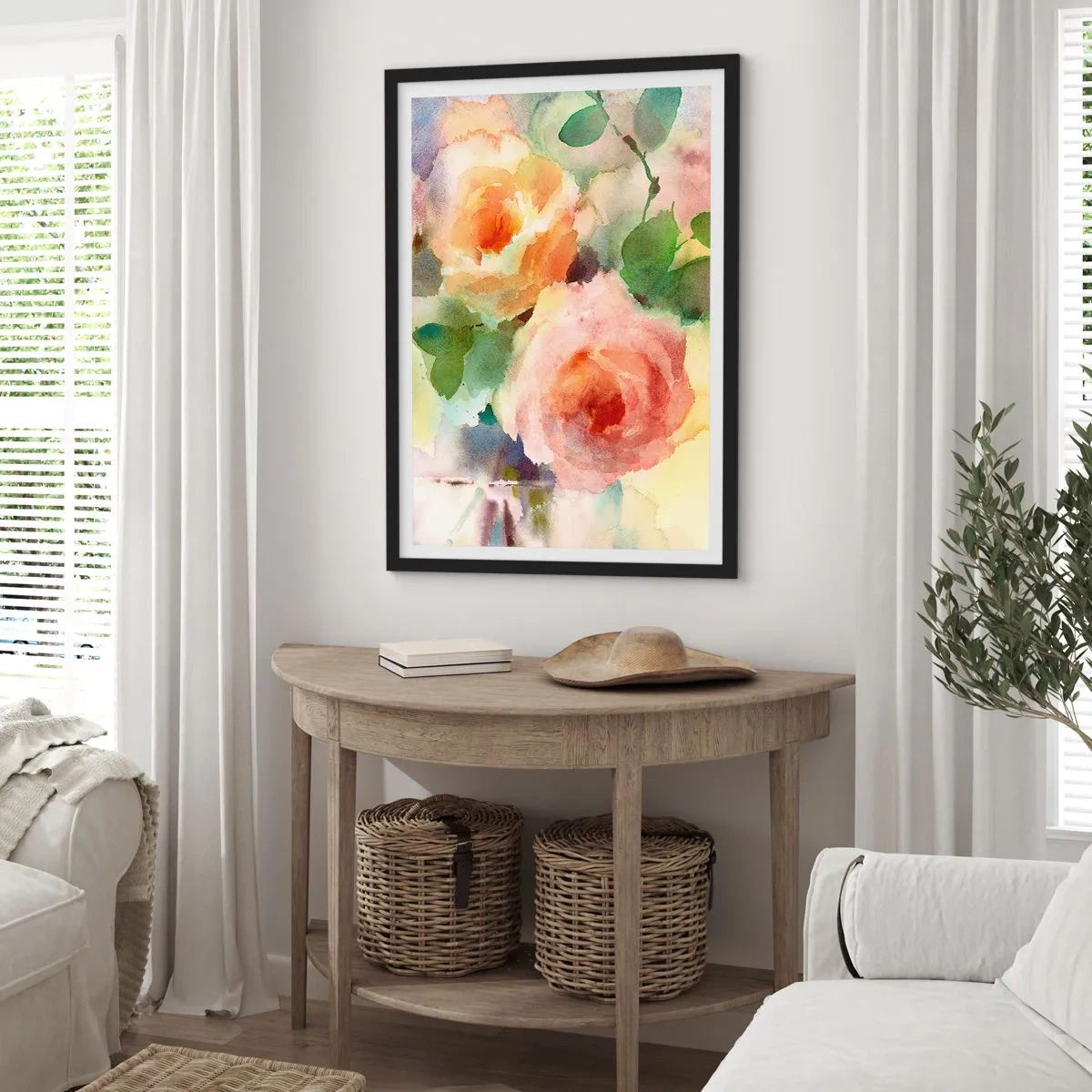 Poster în ramă neagră - Flori în acuarelă în culori pastelate - 50x70cm - Delicat ca o acuarelă - Decorațiune modernă pentru perete pentru living și dormitor ARTTOR