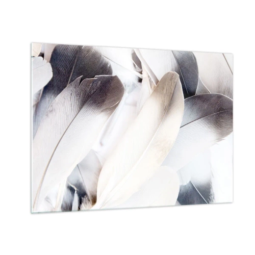 Tablou pe sticlă - Pene delicate, deschise la culoare, în nuanțe de alb și gri - 70x50cm - Aproape angelice - Decorațiune modernă pentru perete pentru living și dormitor ARTTOR