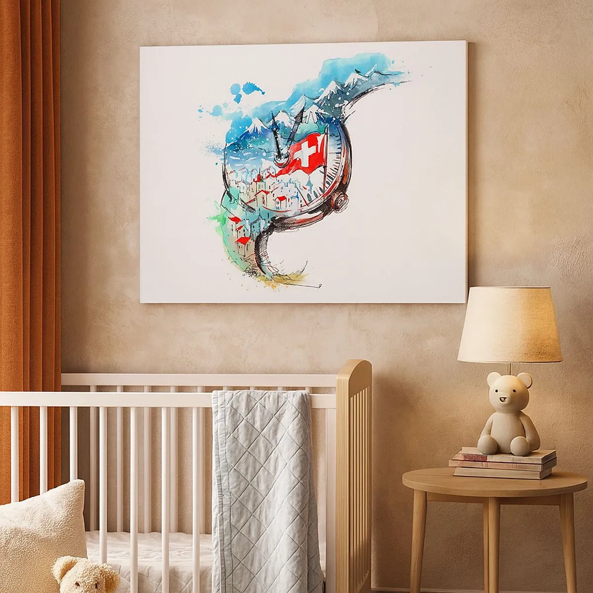 Tablou pe pânză Canvas - Un peisaj în acuarelă al Elveției într-un design mecanic - 70x50cm - Spiritul Elveției - Decorațiune modernă pentru perete pentru living și dormitor ARTTOR