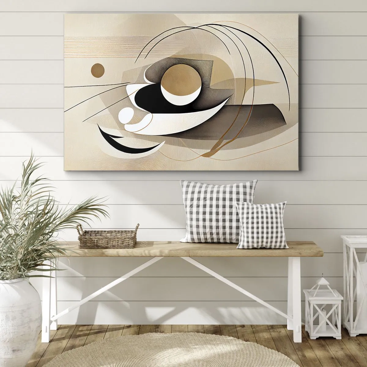 Tablou pe pânză Canvas - Compoziție abstractă în nuanțe de bej și negru - 70x50cm - Compoziție - nucleu - Decorațiune modernă pentru perete pentru living și dormitor ARTTOR