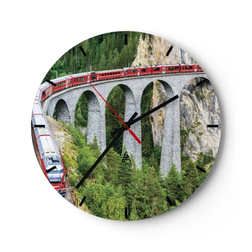 Ceas de perete - Ceas pe sticlă - Un tren roșu pe un viaduct printre pădurile de munte - 30x30cm - Cu trenul prin munți - Decorațiune modernă pentru perete pentru living, bucătărie și dormitor ARTTOR