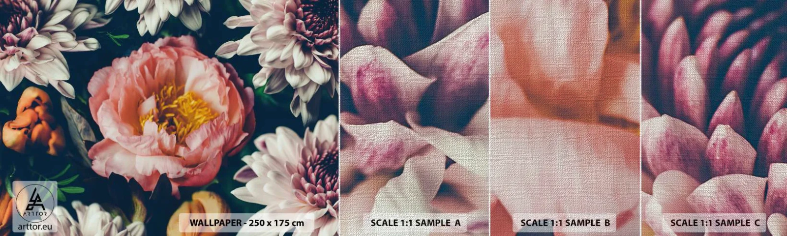 Mostră tapet Premium Canvas - Cu splendoare barocă - Flori, Bujor, Buchet de flori - 100x30 cm