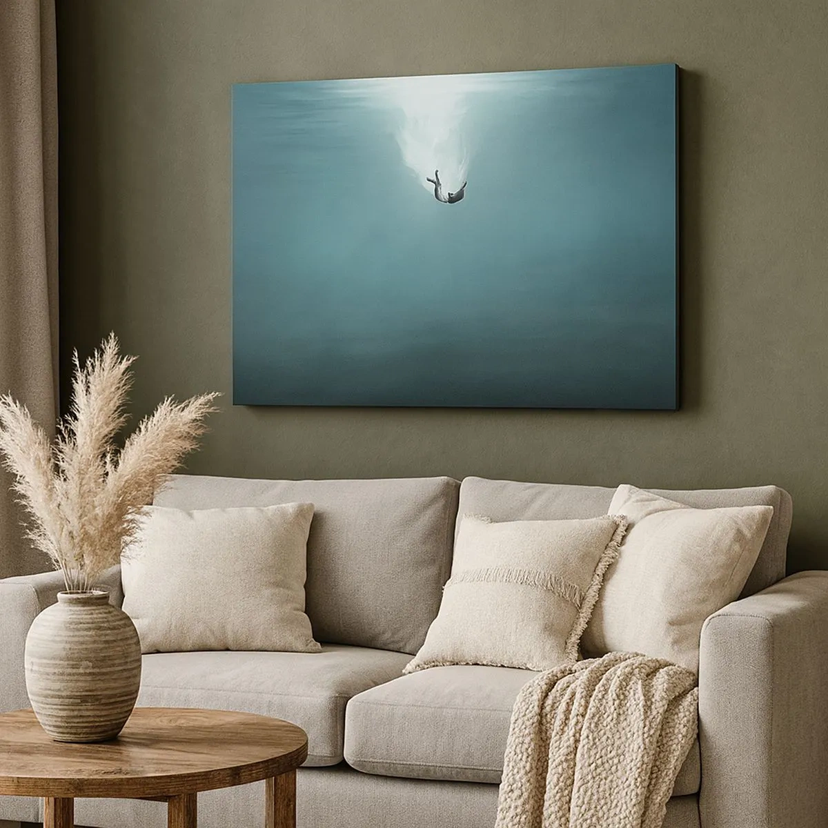Tablou pe pânză Canvas - O figură cufundată în ape turcoaz adânci - 70x50cm - În îmbrățișarea oceanului - Decorațiune modernă pentru perete pentru living și dormitor ARTTOR