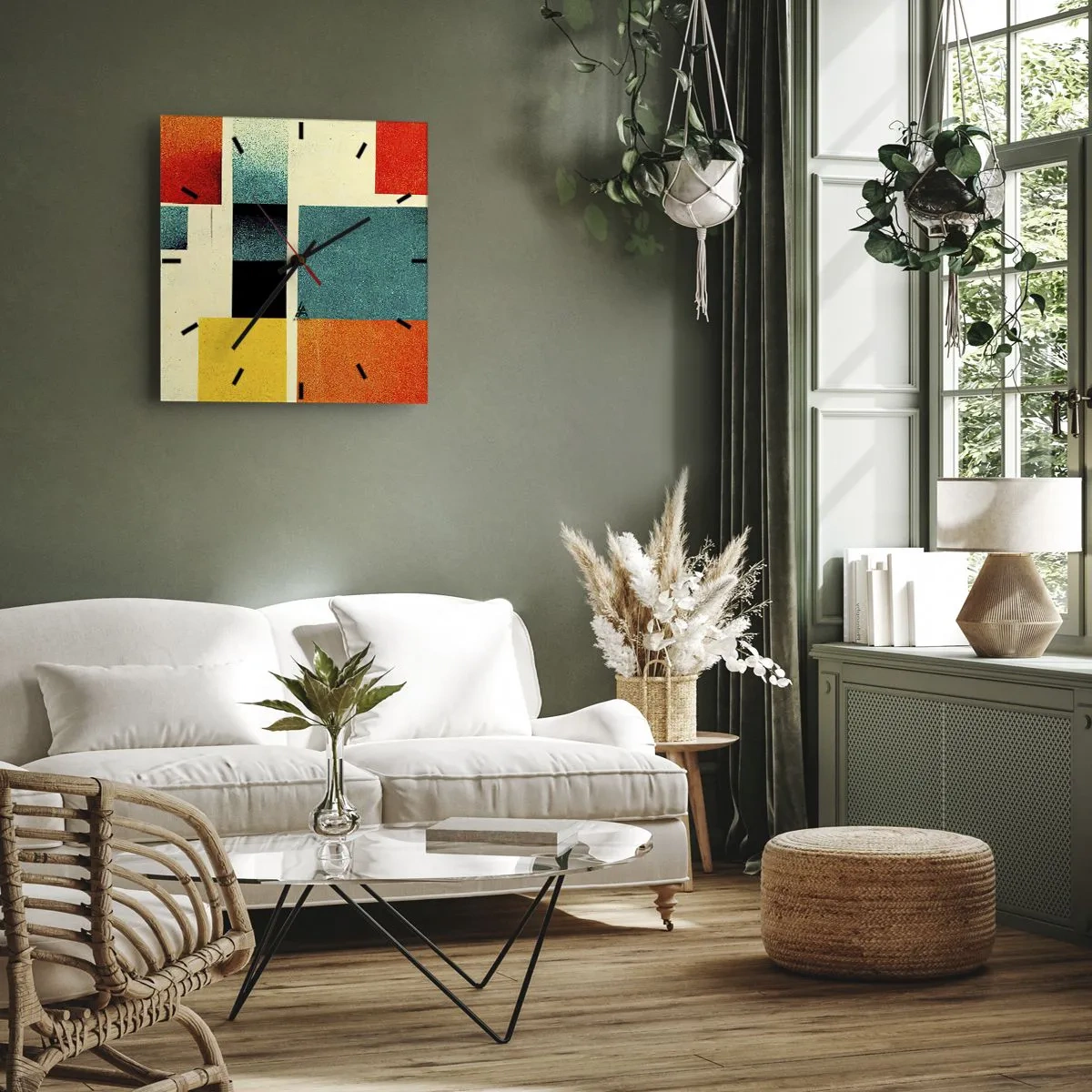 Ceas de perete - Ceas pe sticlă - Abstracție geometrică - energie bună - 40x40 cm