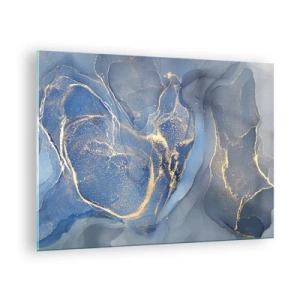 Tablou pe sticlă - O compoziție abstractă în nuanțe de albastru marin și auriu - 70x50cm - Praf de aur - Decorațiune modernă pentru perete pentru living și dormitor ARTTOR