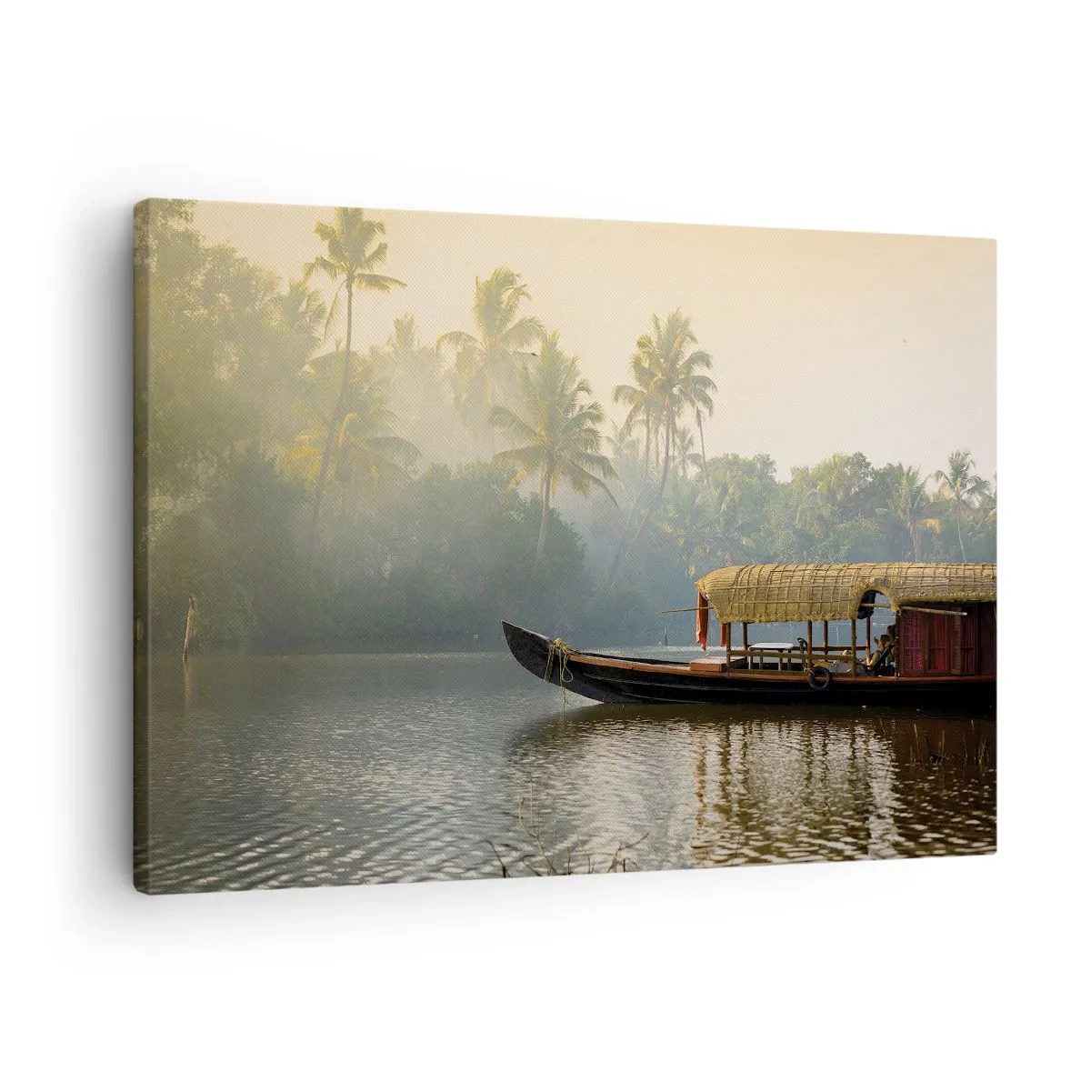 Tablou pe pânză Canvas - O barcă tradițională pe un râu calm printre palmieri - 70x50cm - Casă pe râu - Decorațiune modernă pentru perete pentru living și dormitor ARTTOR