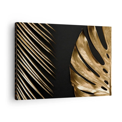 Tablou pe pânză Canvas - Frunze aurii pe fundal negru - 70x50cm - Diferite și la fel de scumpe - Decorațiune modernă pentru perete pentru living și dormitor ARTTOR