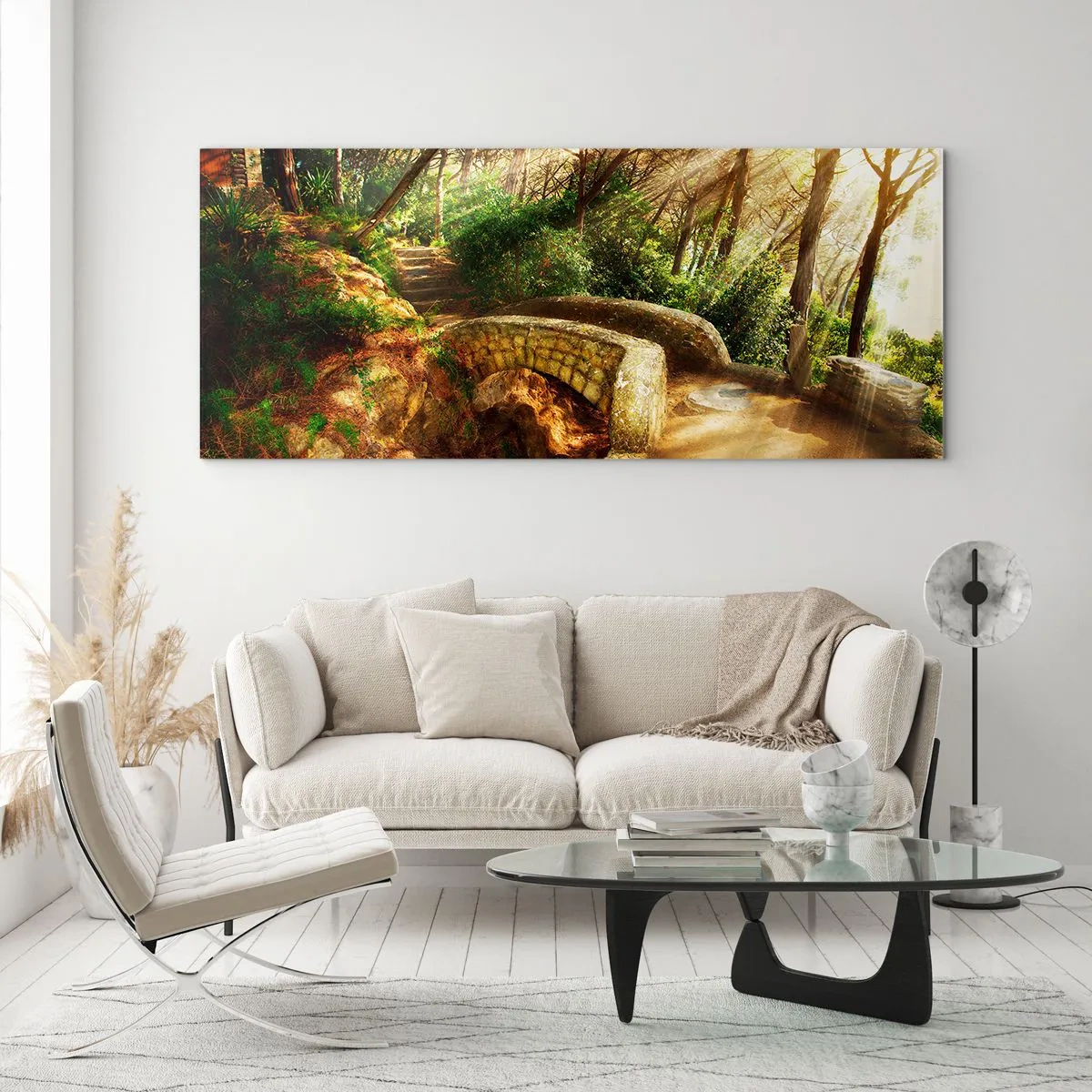 Tablou pe sticlă - Direct de pe pod în pădurea de basm - 90x30 cm