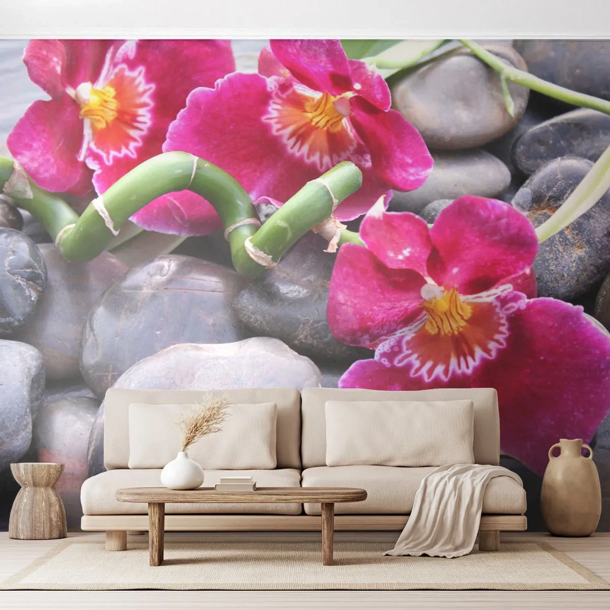 Tapet Premium Canvas - Frig și căldură - Flori, Pietre, Orhidee - 250x175 cm