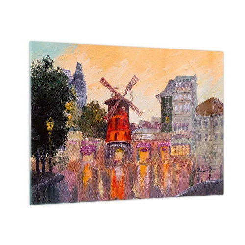 Tablou pe sticlă - Moara de vânt roșie a Moulin Rouge printre casele de locuit pariziene - 70x50cm - Icoane pariziene - Moulin Rouge - Decorațiune modernă pentru perete pentru living și dormitor ARTTOR
