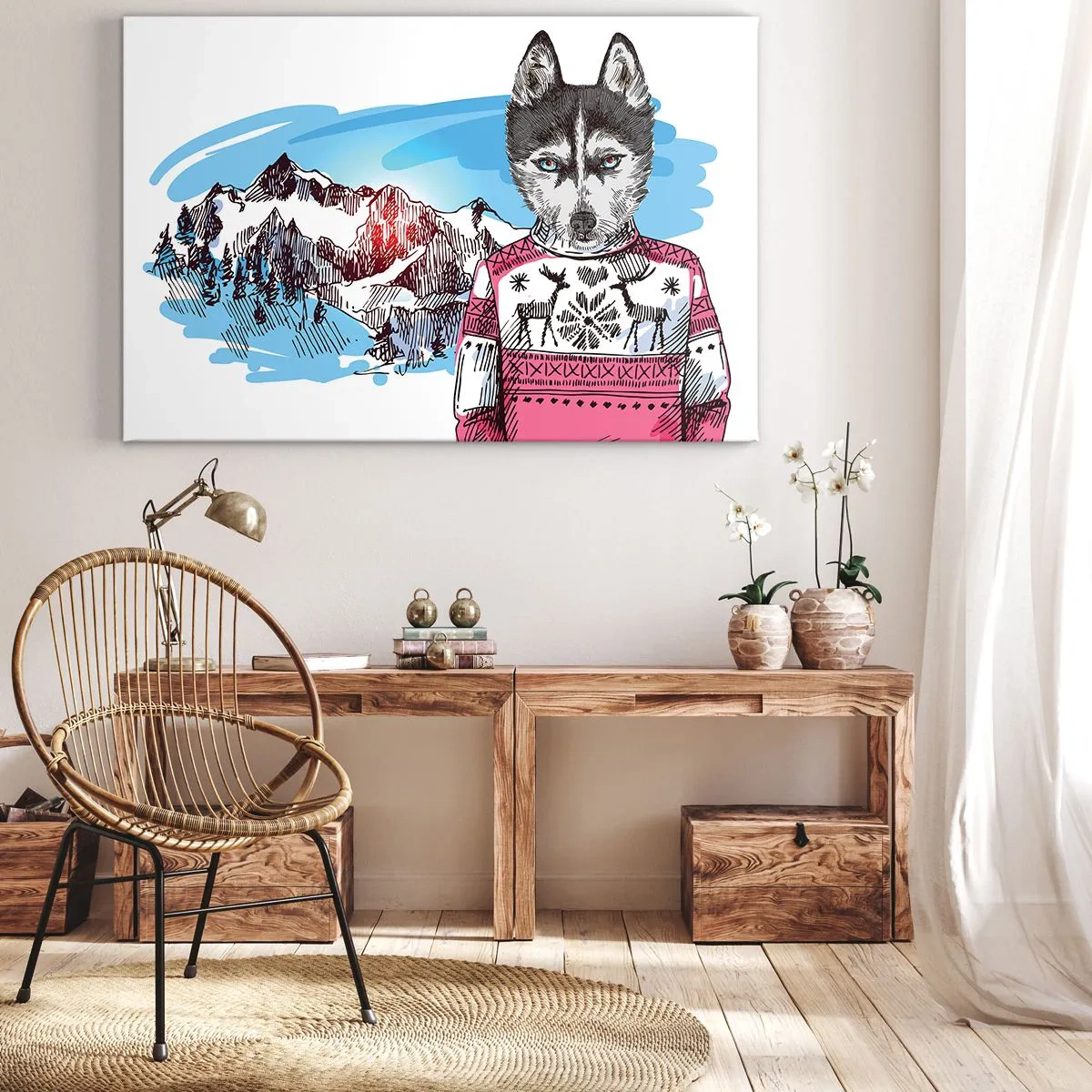 Tablou pe pânză Canvas - Un lup într-un pulover de iarnă pe fundalul unui peisaj montan - 70x50cm - Lupul în lâna de oaie - Decorațiune modernă pentru perete pentru living și dormitor ARTTOR