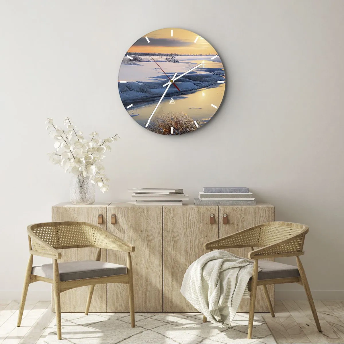 Ceas de perete - Ceas pe sticlă - Peisaj de iarnă cu un râu și soarele apunând - 30x30cm - Apus de soare pe timp de iarnă - Decorațiune modernă pentru perete pentru living, bucătărie și dormitor ARTTOR