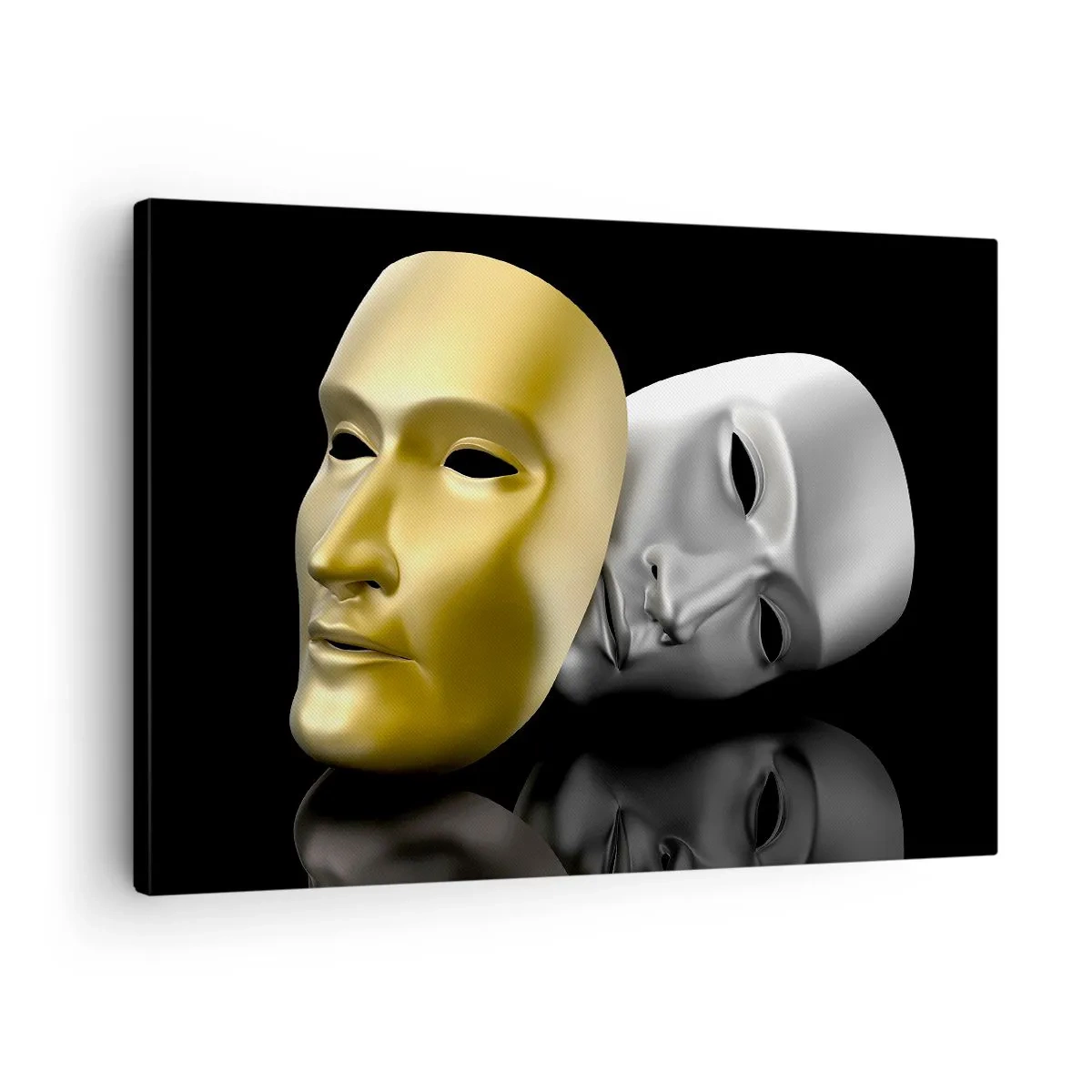 Tablou pe pânză Canvas - Mască de aur și argint pe fundal negru - 70x50cm - Viața este teatru - Decorațiune modernă pentru perete pentru living și dormitor ARTTOR