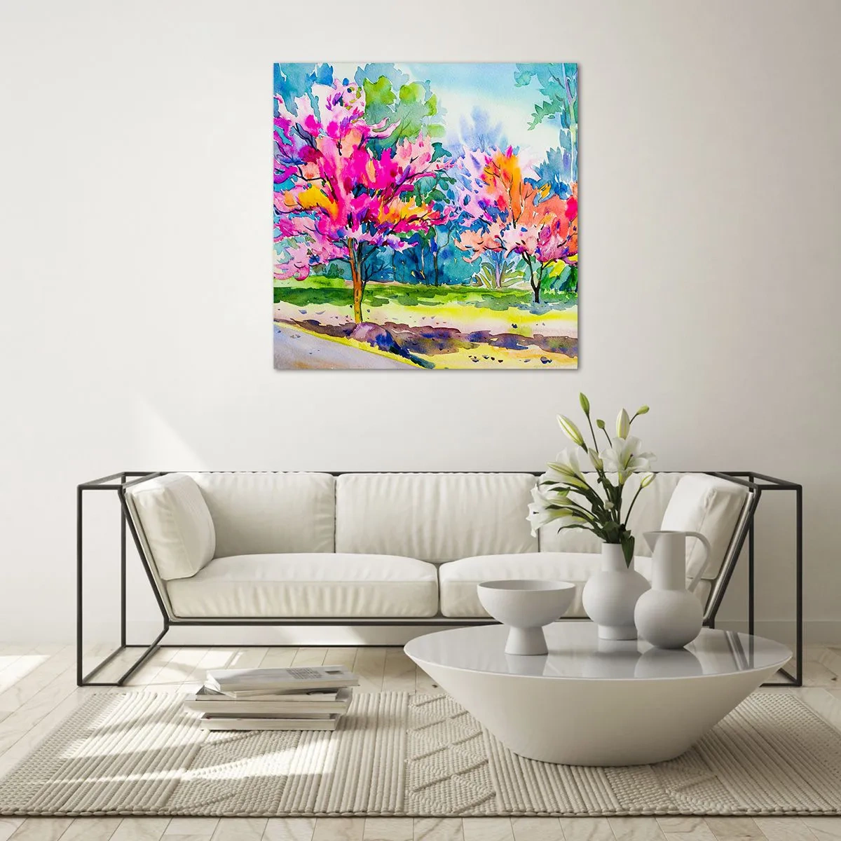 Tablou pe sticlă - Grădina curcubeului în splendoarea primăverii - 30x30 cm