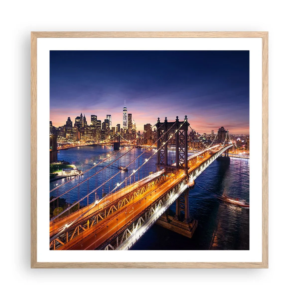 Poster în ramă de stejar deschis - Pe un pod luminos către inima orașului - 60x60 cm