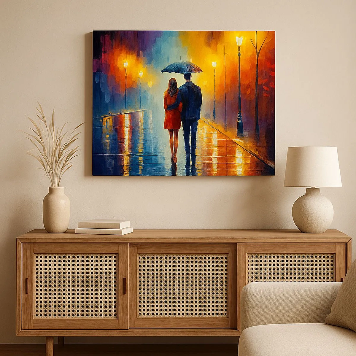 Tablou pe pânză Canvas - Un cuplu sub o umbrelă plimbându-se printr-un oraș colorat de noapte - 70x50cm - Împreună - o noapte plină de culoare - Decorațiune modernă pentru perete pentru living și dormitor ARTTOR