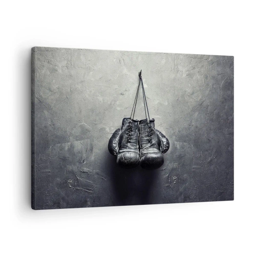 Tablou pe pânză Canvas - Mănuși de box vechi pe perete - 70x50cm - Timp de luptă și timp de pace - Decorațiune modernă pentru perete pentru living și dormitor ARTTOR
