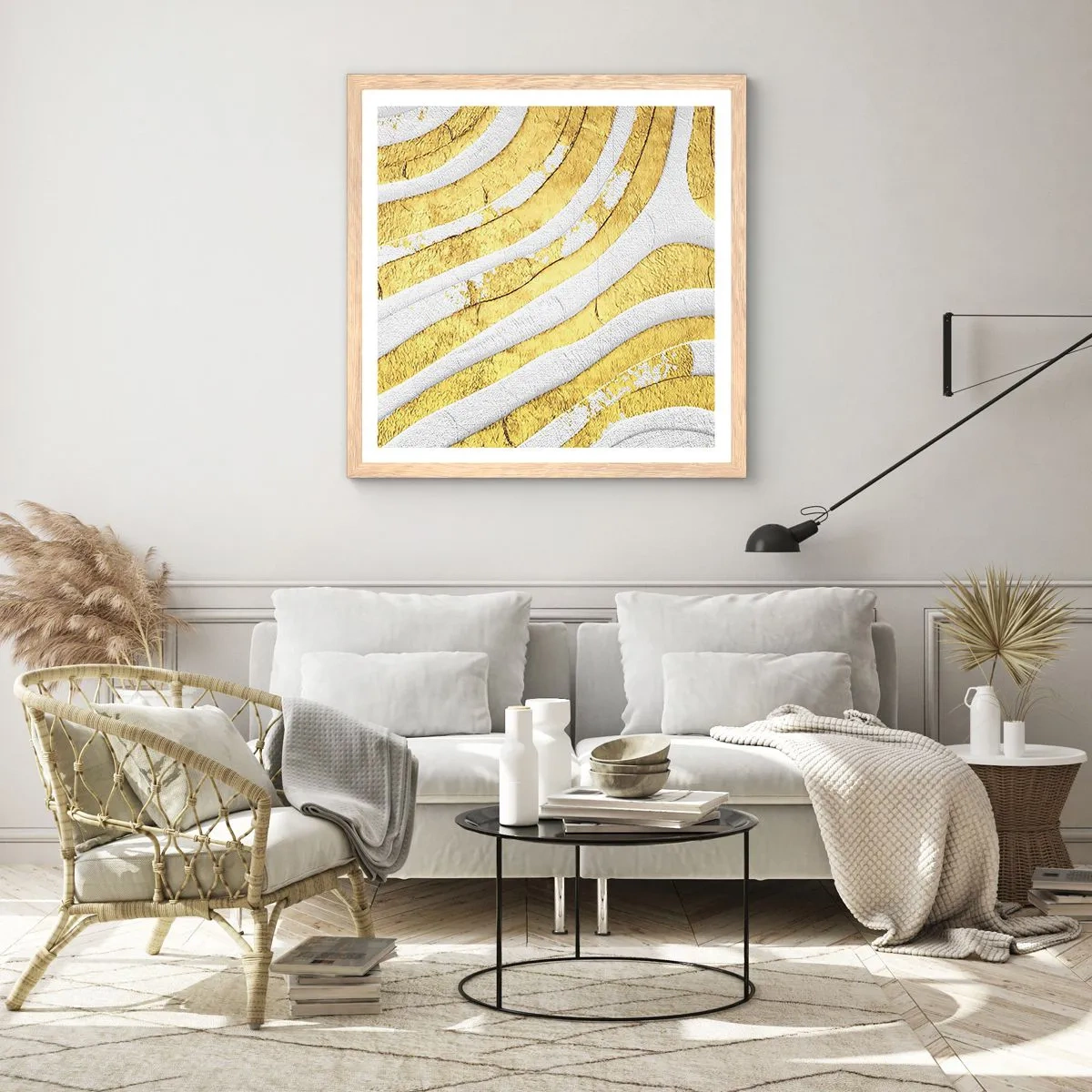 Poster în ramă de stejar deschis - Compoziția în alb și auriu - 30x30 cm