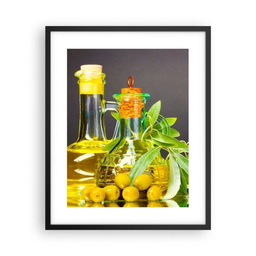Poster în ramă neagră - Natură moarte cu măsline și ulei - 40x50 cm