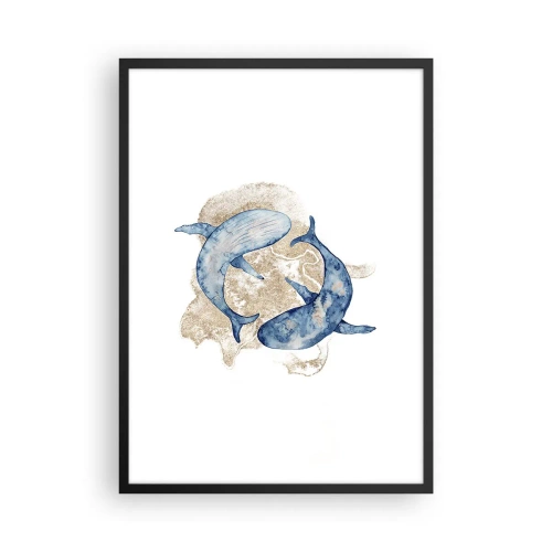 Poster în ramă neagră - O pictură abstractă a două balene cu aripioare - 50x70cm - Prietenie sau iubire? - Decorațiune modernă pentru perete pentru living și dormitor ARTTOR